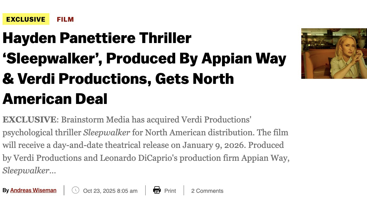 Hayden Panettiere Thriller ‘Sleepwalker’, Produced By Appian Way & Verdi Productions, Gets North American Deal
